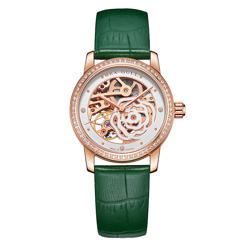 Seagull Camellia Skeleton Watch with Rose Gold Case