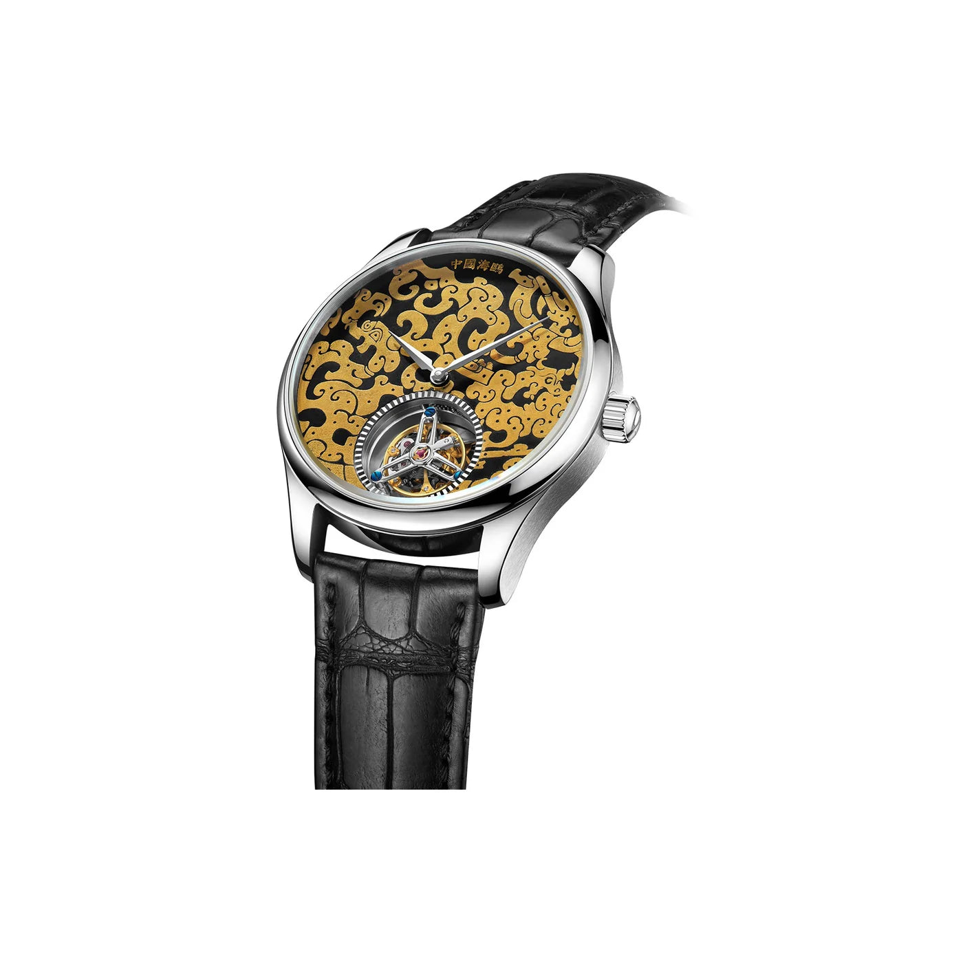 Montre Tourbillon Seagull en or 24 carats à motif dragon damasquiné 41 mm