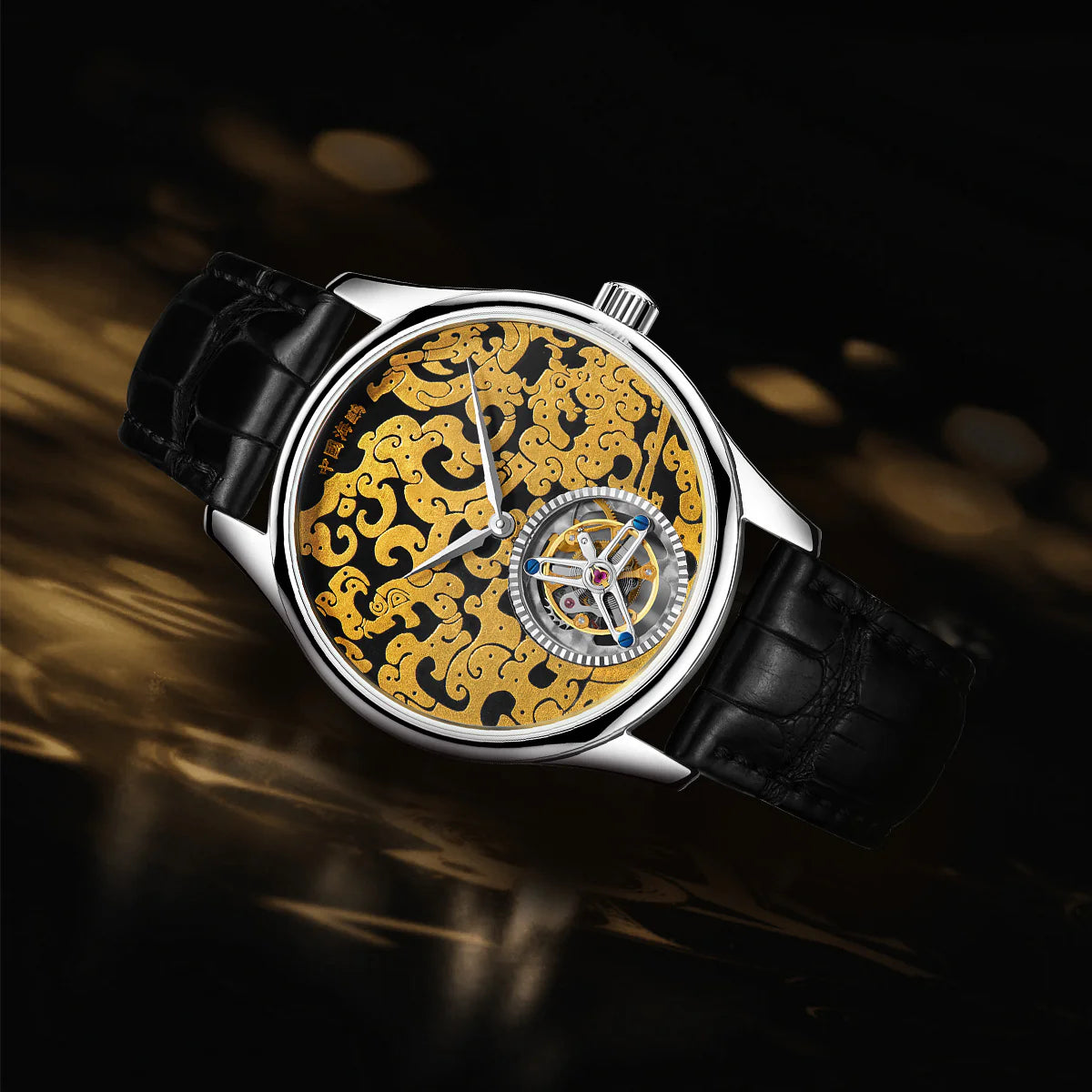 Montre Tourbillon Seagull en or 24 carats à motif dragon damasquiné 41 mm