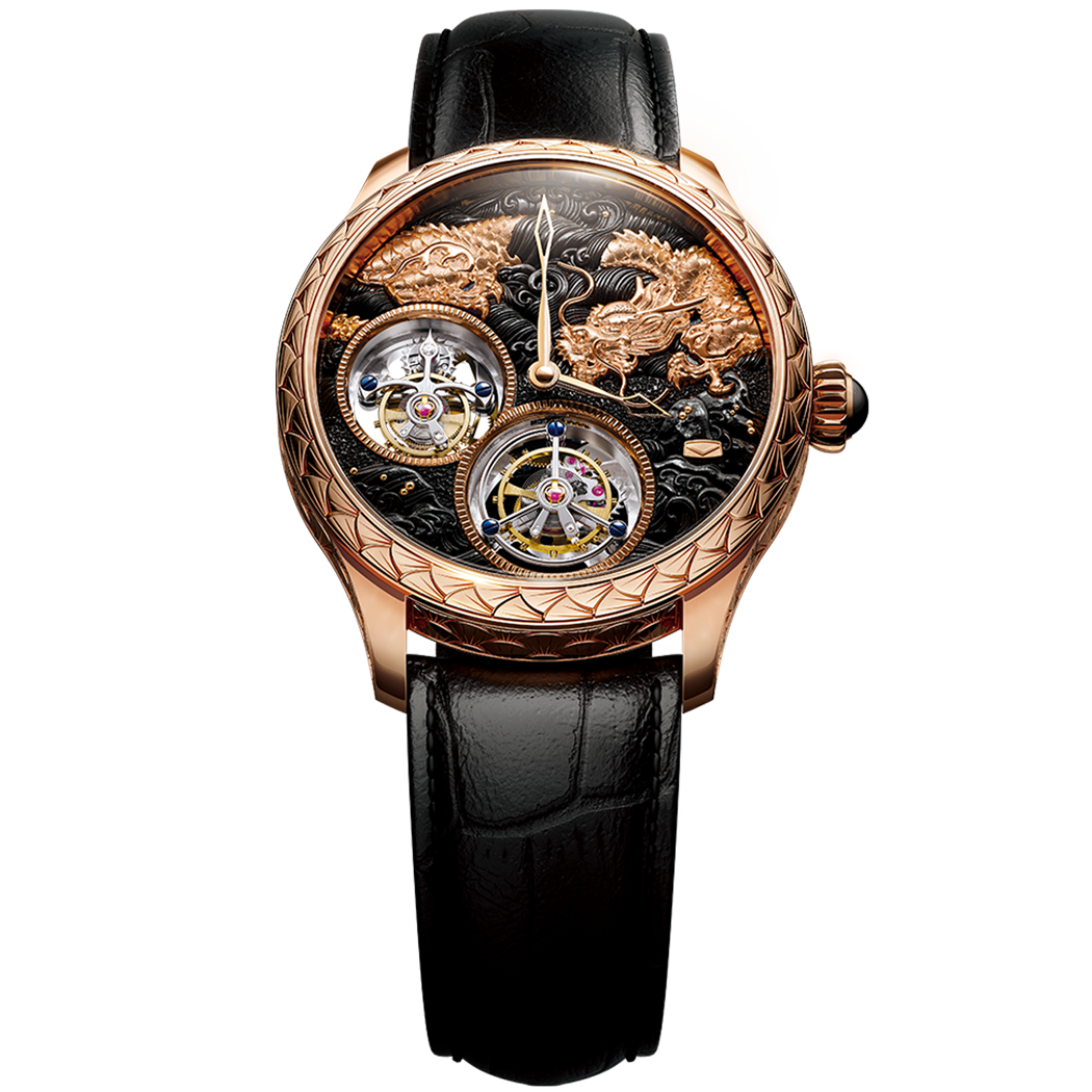 Seagull 18 Karat Roségold-Uhr mit Doppel-Tourbillon und Drachenmotiv