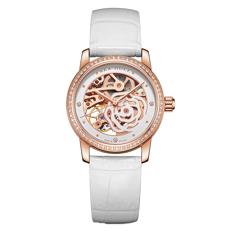 Seagull Camellia Skeleton Watch with Rose Gold Case