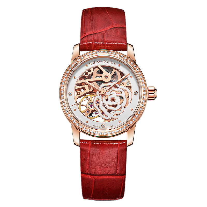 Seagull Camellia Skeleton Watch with Rose Gold Case